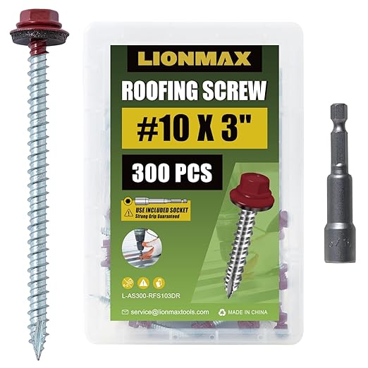 LIONMAX Metal Roofing Screws #10 × 3 Inch, 300-PCS, Dark Red Painted Hex Head Sheet Metal Roof Screws, Rubber Washer, Sharp Point, Metal to Wood Siding Screws, Hex Socket Included