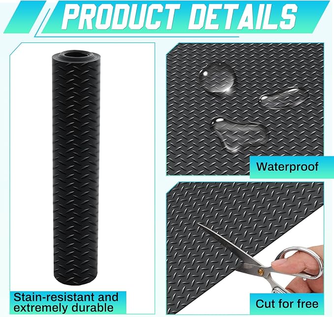 Breling 16 in x 20 ft Rubber Diamond Plate Rolls Garage Floor Mat for Under Car, Heavy Duty Flooring Rug for Trailers Garage, PVC Water/Stain Outside Stall Resistant Parking Rv Tool(Black)