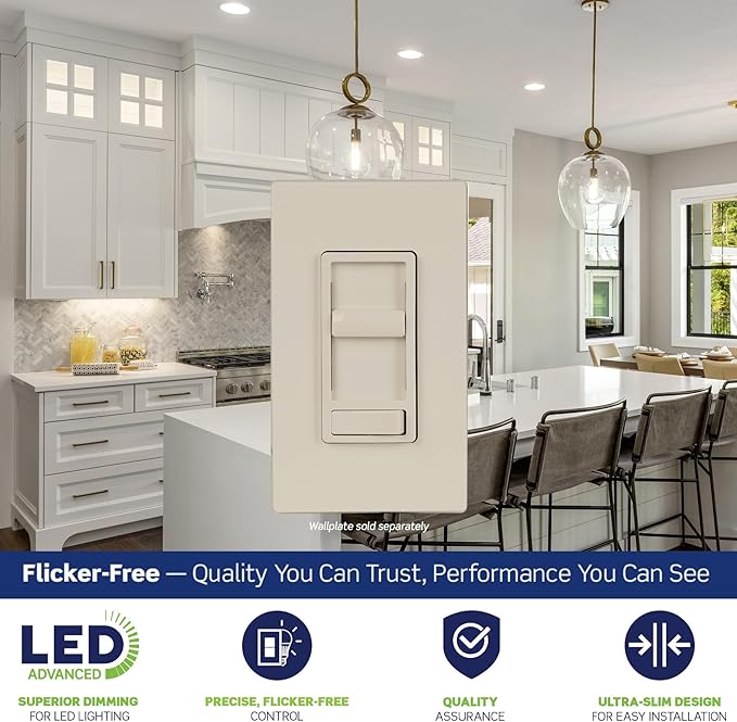 Leviton SureSlide LED Advanced Dimmer Switch for 150W Dimmable LED, Halogen and Incandescent Bulbs and Fixtures, 66741-T, Light Almond