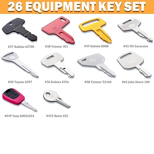 26 Heavy Equipment Master Keys, Construction Mchinery Key Set for Cat Caterpillar John Deere Case Bobcat JLG JCB Volvo Hyster New Holland Yanmar Takeuchi Kubota Komatsu