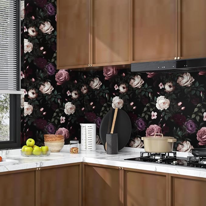 Fvlow Pink Rose Dark Floral Peel and Stick Wallpaper 17.4" x 118" | Renter Friendly, Removable & Waterproof, Vinyl Easy Install for Bedrooms, Bathrooms, Kitchens, Cabinets and Home Decor