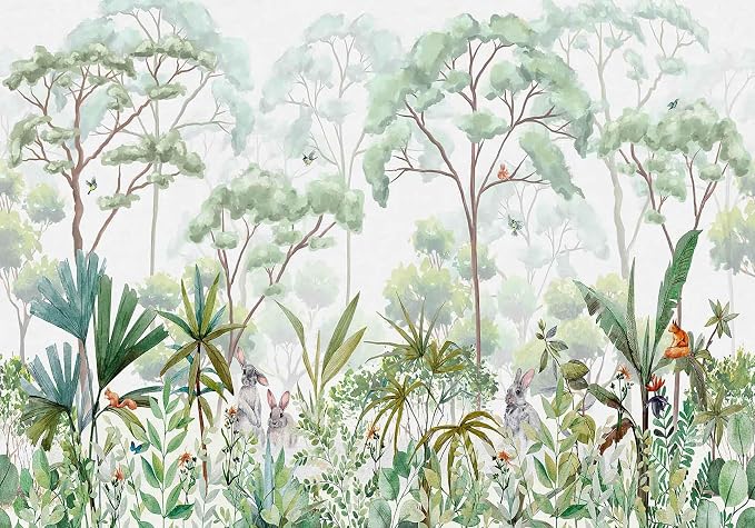Jdayda Tropical Forest Wallpaper Mural Green Botanical Leaves Rabbit | 127"x96" Not Self-Adhesive Wall Mural Watercolor Art for Bedroom Living Room