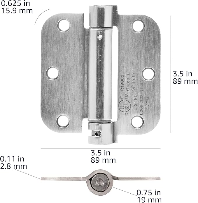 Amazon Basics Self-Closing Door Hinge, 3.5 Inch x 3.5 Inch, 5/8-Inch Radius, Satin Nickel, 1-Piece, Hardware Included