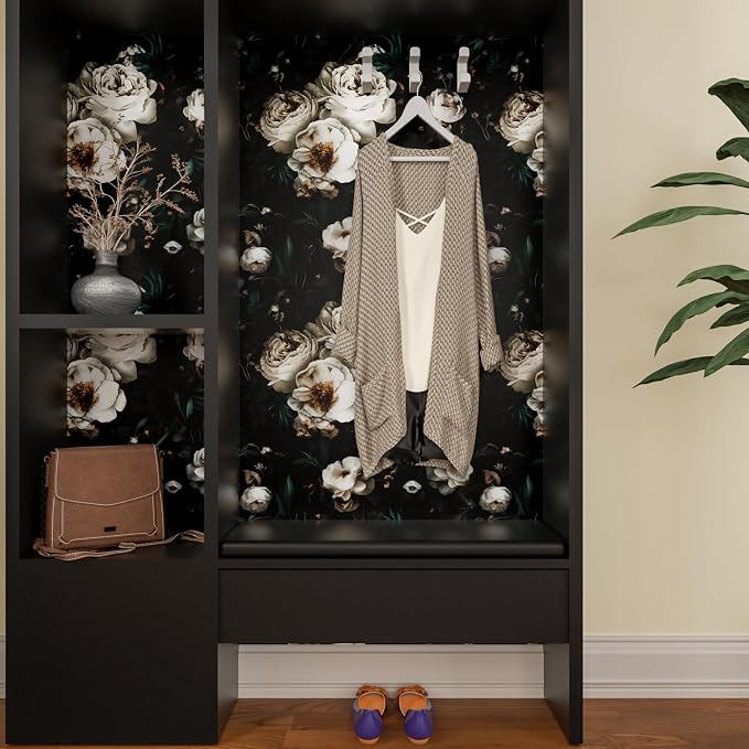 Laatse Dark Floral Wallpapr Peel and Stick Boho Wallpaper 17.5in x 118in Black Contact Paper Waterproof Self Adhesive Vintage Large Floral Wall Paper for Bedroom Walls Cabinet Decor