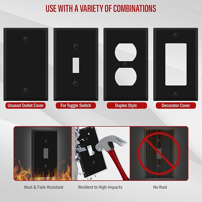 ENERLITES Toggle Light Switch Metal Cover Plate, Wall Plate, Corrosion Resistant, Standard Size 1-Gang 4.50" x 2.76", Powder Coated Stamped Steel, 7711-BM, Black Matte