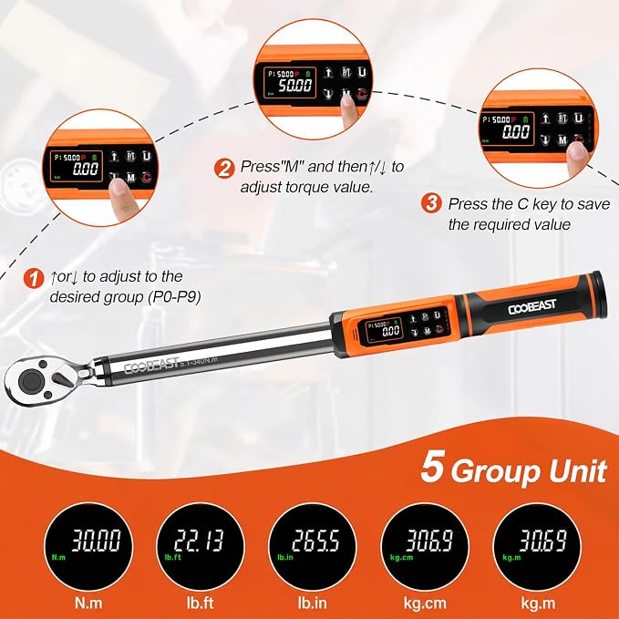 coobeast 1/2 Drive Digital Torque Wrench(3.76-250.8 Ft.lbs./5.1-340Nm) | Preset Value Torque Wrench with ±2% accuracy, Buzzer and LED Flash Five Units of Measure for Motorcycle, Auto Repair