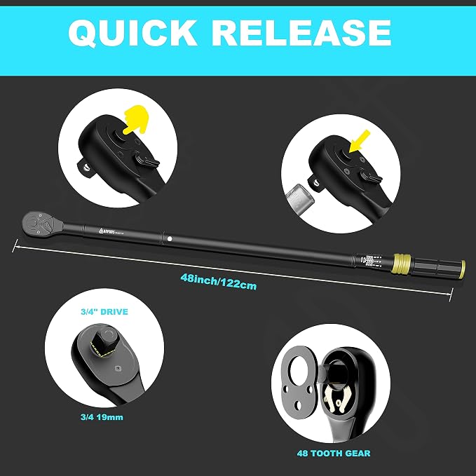 3/4" Click Torque Wrench, 100-800 Ft-Lb/135.5-1084 Nm, Heavy Duty | ±3% Accuracy, 48-Tooth Quick Release, Cr-V Steel, Dual-Direction, for Semi Truck, Tractor, Diesel, Construction & Mining