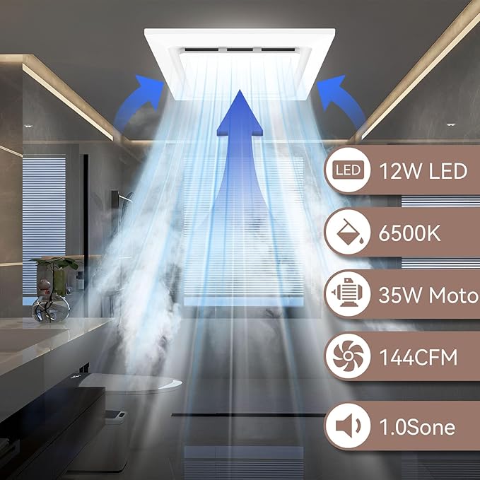 Bathroom Exhaust Fan with Light 110 CFM, Quiet 1.0 Sone, Cutout 8.27"x8.27", 10" Grille, 4In Duct, 6500K 1200Lm LED Light Bath Ceiling Vent Fan Combo for Bathroom Toilet Moisture & Odor Removal