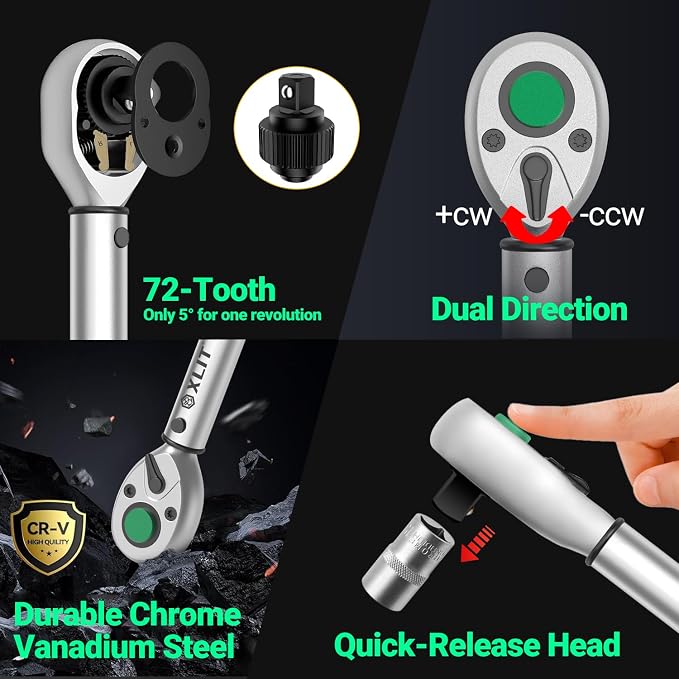 3-Piece Torque Wrench Set - 3 Click Wrenches (1/4", 3/8", 1/2") with 3pc Extension Bars, 72-Tooth Ratchet, ±3% Accuracy, for Automotive, Motorcycle & E-Bike