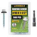 LIONMAX 500-PCS Metal Roofing Screws #10 x 1-1/2 Inch, White Painted Hex Head Sheet Metal Roof Screws, Rubber Washer, Sharp Point, Metal to Wood Siding Screws, Hex Socket Included