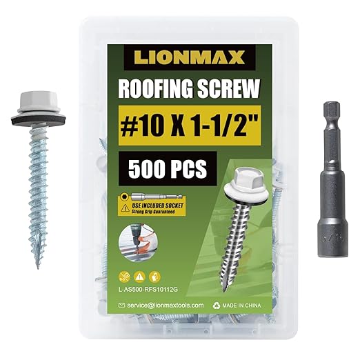 LIONMAX 500-PCS Metal Roofing Screws #10 x 1-1/2 Inch, White Painted Hex Head Sheet Metal Roof Screws, Rubber Washer, Sharp Point, Metal to Wood Siding Screws, Hex Socket Included