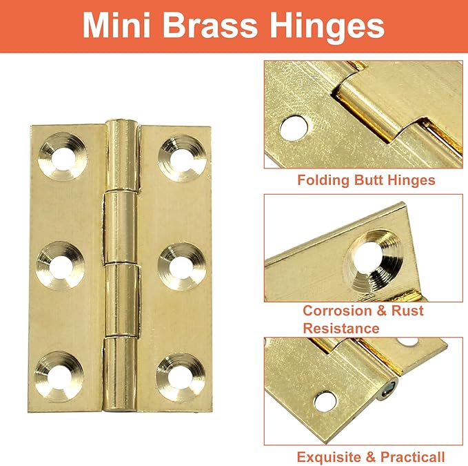 Piutouyar 8 Pack Butt Hinge 1.5 Inch Mini Solid Brass Hinges for Small Cabinet, Folding Craft With Mounting Screws for Boxes, Gate, Drawer