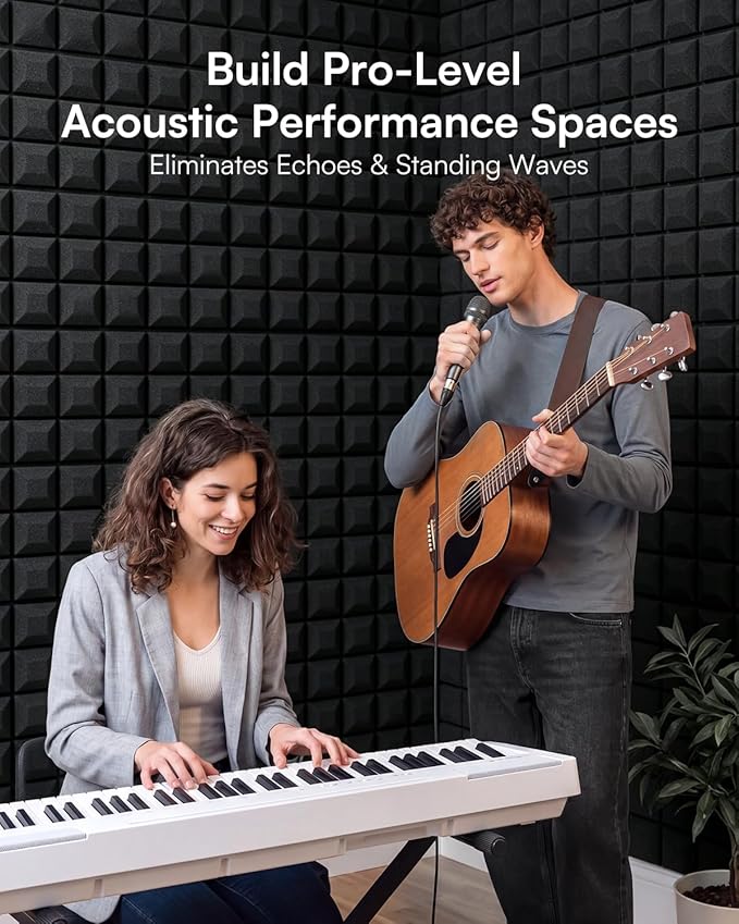 SODOCT 24 Pack Self-Adhesive Acoustic Foam Panels, 12 x 12 x 2 Inches Mushroom Shape, Sound Proofing Wall Panels, High Density Sound Absorbing Foam for Studio, Home Office, Recording (Black)