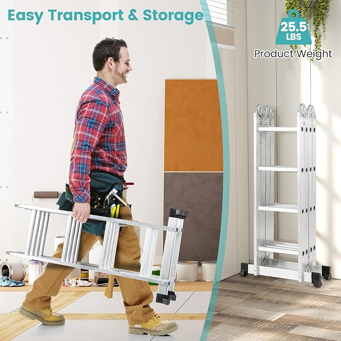 7-in-1 Folding Ladder, Multi-Purpose 15 FT Aluminum Alloy Ladder with Non-Slip Feet, Safety Locking & Heavy Duty Frame, Indoor & Outdoor Lightweight Extension Ladder, 330 LBS Capacity