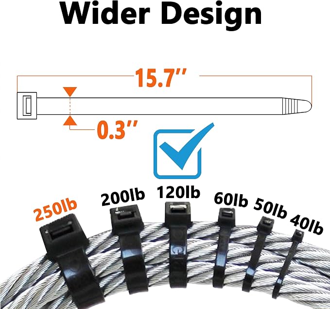 120lb Zip Ties Heavy Duty 15 Inch 100pcs, Large Black Cable Tie Actual 15.7 In, Thick Heat Resistant Zipties, Big Wide Wire Ties, Industrial Tie Wraps for Outdoor Use