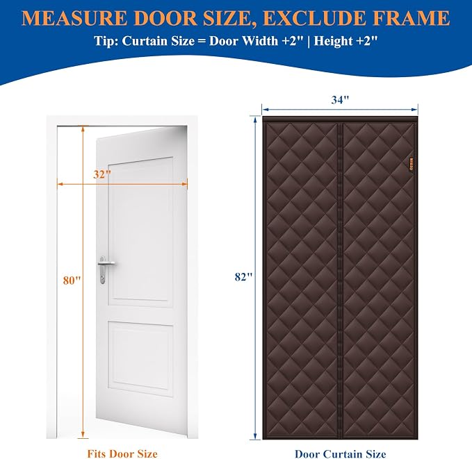 MAGZO Magnetic Thermal Insulated Door Curtain, Fits 32" x 80" Door, Brown | Curtain Size 34'' x 82'', Weatherproof Oxford Filled with Thicken Cotton, Block Airflow and Maintain Indoor Temperature