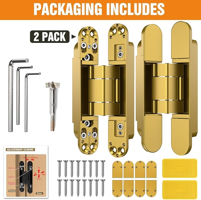 7" Hidden Door Hinge/Concealed Hinges,Invisible Hinges,Invisible Door Silent 180 Degree Swing Hinge 3-Way Adjustable Butt 7 x 2.8 x 1 (Golden, 7 inches)