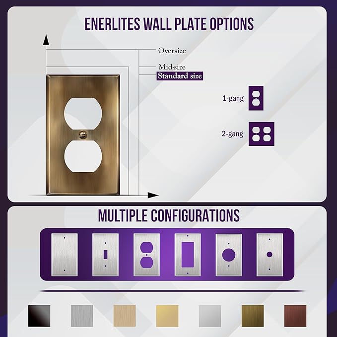 ENERLITES Antique Brass Double Duplex Receptacle Metal Wall Plate, Stainless Steel Outlet Cover, Corrosion Resistant, Standard Size 2-Gang 4.50" x 4.57", Stainless Steel 201, 7722-AB
