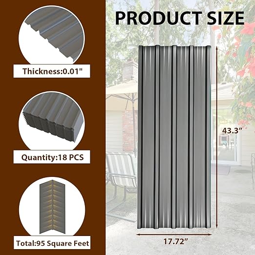 18 Pcs Metal Roofing Panels, L43.3×W17.72 Inch Corrugated Galvanized Roofing Panels Metal Siding Panels with Steel Screws for Pergola, Gazebo, Shed, Outdoor Storage, Chicken Coop, Patio,Garages (Grey)