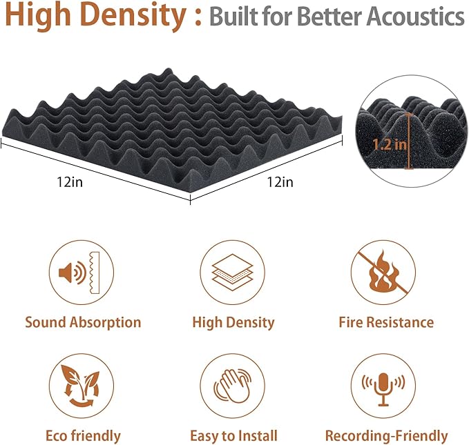 SD SODOCT 36 Pack Acoustic Foam Panels with Self Adhesive 12" X 12" X 1.2" Sound Proof Foam Panels for Walls High Density Egg-Crate Soundproof Wall Panels for Studio Office Gaming Room