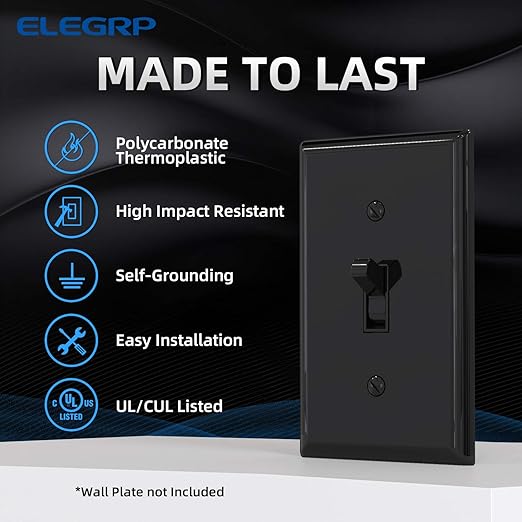 ELEGRP 4 Way Toggle Light Switch, 15 Amp, 120-277V, Toggle Framed AC Quiet Switch, in Wall On/Off, Self-Grounding, Residential and Commercial Grade, UL Listed (5 Pack, Glossy Black)