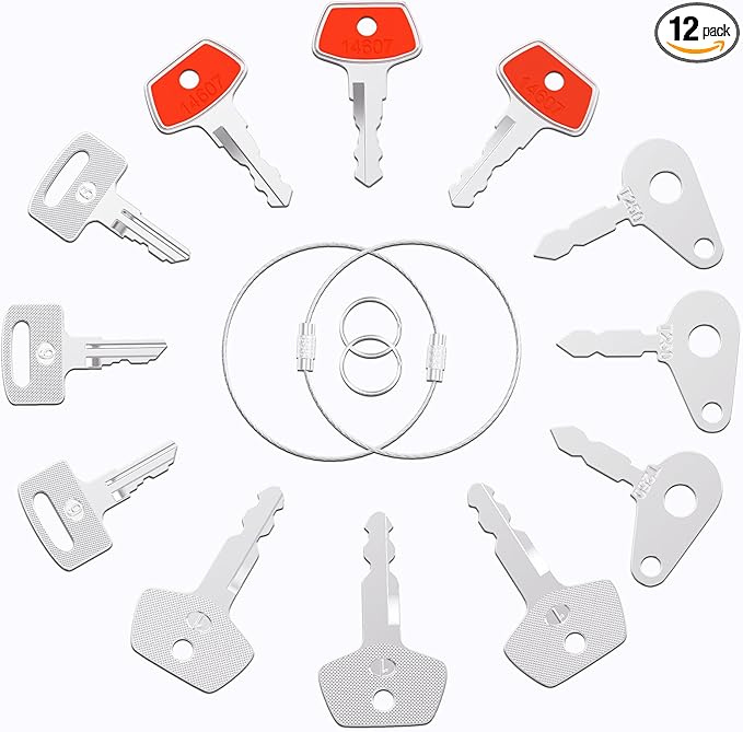 12 Heavy Equipment Keys Master Set, Contractor Machinery Equipment Excavator Dozer Skid Steer Loader Forklift Roller Keys Fit Case JCB 14603 14607 Lucas 1569 JLG 9006