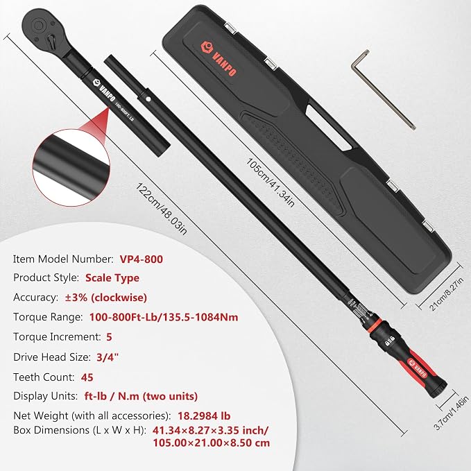 VANPO Torque Wrench 3/4 Inch Drive 100-800 Ft-Lb, 48" Length, ±3% Accuracy | Heavy Duty for Truck, Construction & Agricultural Equipment, Click Style, Dual Direction, TPR+ABS Handle, with Carring Case