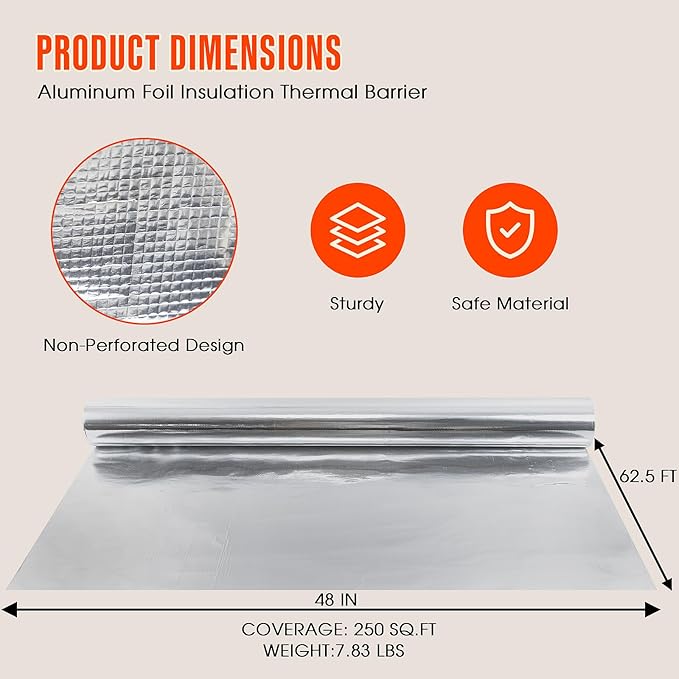 Sauna Foil Vapor Barrier, 4FT x 62.5FT 250 sqft Aluminum Insulation | Heavy-Duty Reflective Thermal Barrier Roll, Non-Perforated Aluminum Foil, Energy Saver for Sauna, Attic, Garage, Crawl Space