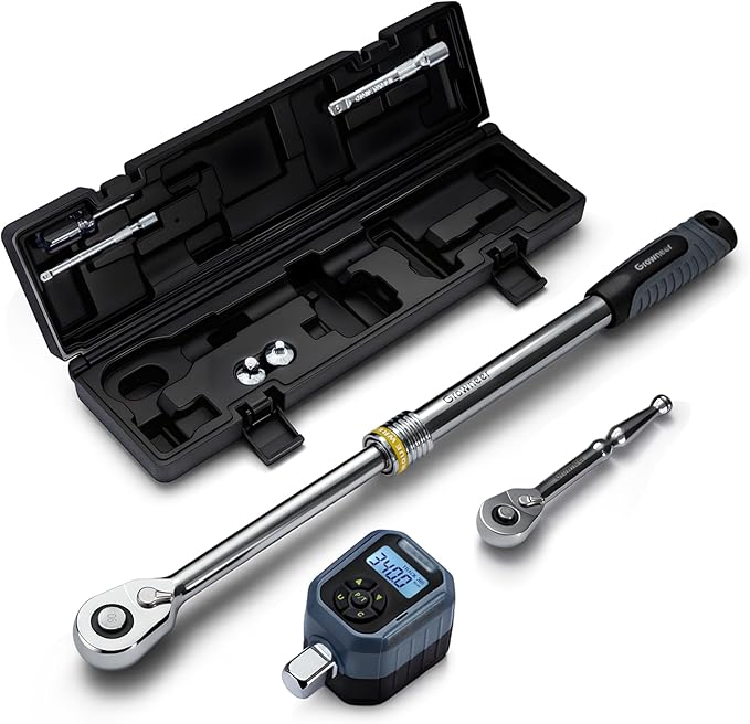 GROWNEER Torque Wrench with Adapter Set, 7.3-250.8 Ft-lbs / 10-340Nm, 1/2“ Drive Retractable 90 Tooth Click Wrench, Electronic Digital Torque Wrench Adapter with Buzzer & LED Indicator