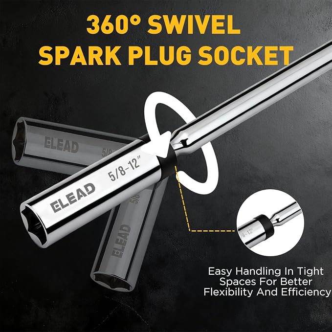 5/8" Swivel Magnetic Spark Plug Socket, 3/8" Drive x 12" Total Length, Thin Wall Spark Plug Removal Tool, 360 Degree Swivel, Enhanced Magnetic, 6-Point Design, Cr-V Steel