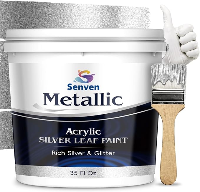 Silver Paint 35 Fl Oz Metallic Liquid Silver Leaf Paints Rich Silvers Paint for Metal, Wood, Canvas, Appliance, Furniture, Clay DIY Art Handcrafts Fast Dry Acrylic Metallic Finish Artwork Home Décor