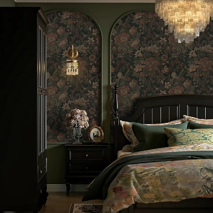 Dimoon Vintage Peel and Stick Wallpaper Dark Green Floral Wall Paper 16.1"x236" Retro Victorian Moody Wallpaper Renter Friendly Dark Floral Gothic Contact Paper for Bedroom Shelf Liner Vinyl Roll
