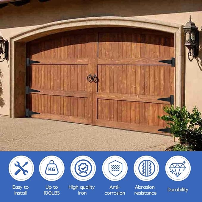 6 Inch T-Strap Gate Hinges, Heavy Duty Gate Hinges,Shed Door Hinges for Outdoor Barns Gate,Wooden Fences,with Screws, 4 Pack-Black