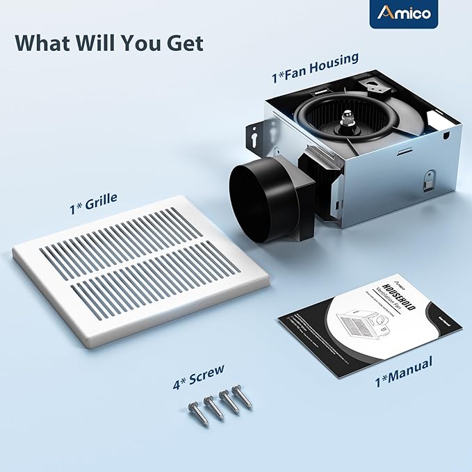 Amico Bathroom Exhaust Fan, 1.5 Sones, 110 CFM, Low Noise, Ceiling Mounted Retrofit Ventilation Fans, 4 Inch Duct, No Attic Access Needed- UL Certified