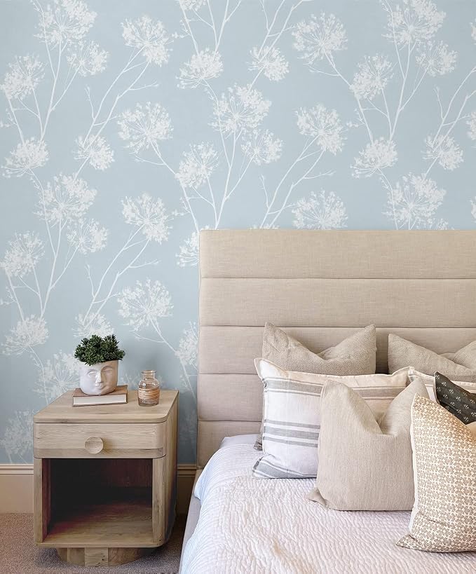 NextWall One O'Clocks Botanical Peel and Stick Wallpaper (Light Blue)