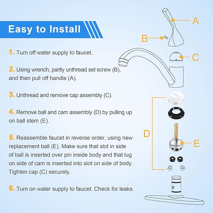 Dreyoo Single Handle Faucet Repair Kit with RP212 Stainless Steel Ball Valves and Knob Handles, Compatible with Delta/Peerless Single Handle Faucets, Replacement for RP77739 and 86971(1 Pack)