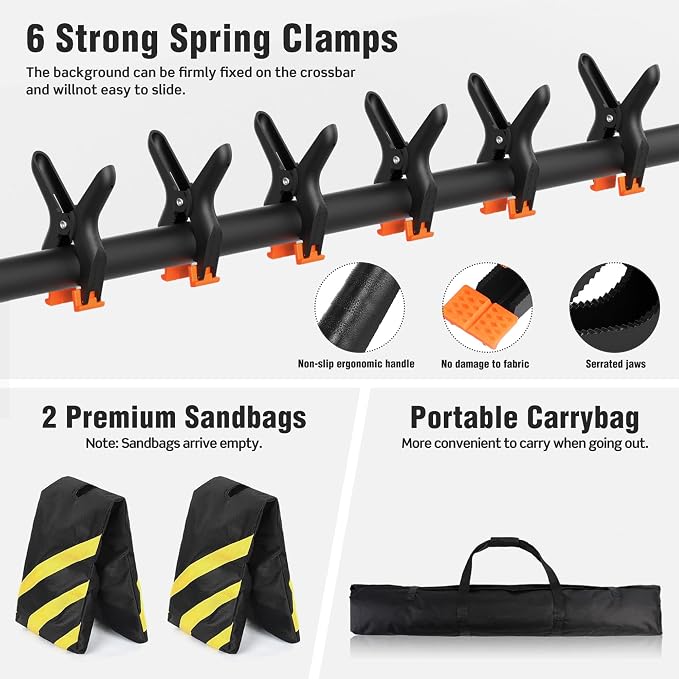 Backdrop Stand for Parties 10 x 8.5 FT, Heavy Duty Photography Backdrop Stand for Events, Video Shooting, Portable Photo Background Stand with Carry Bag, Sandbags, Spring Clamps