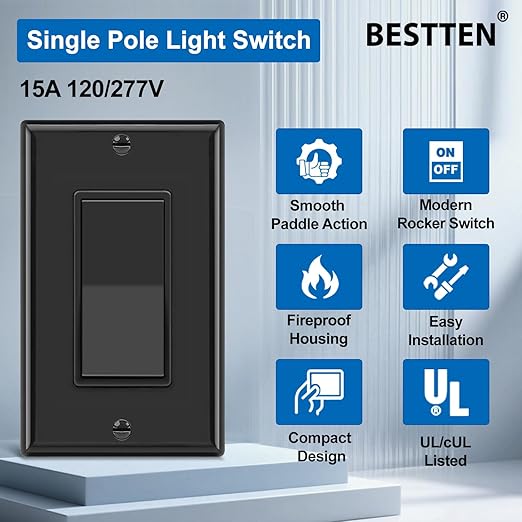 BESTTEN 10 Pack Single Pole Decorator Wall Light Switch with Wallplate, 15A 120/277V, On/Off Rocker Paddle Interrupter, UL Listed, Black