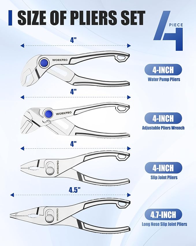 WORKPRO 4-Piece Mini Pliers Set with Pouch, Pocket Pliers, EDC Tool Gift | 4-Inch Plier Wrench, Slip Joint Plier, Water Pump Plier, 4.5-Inch Long Nose Slip Joint Plier, Alloy Steel, Anti-Rust Coating