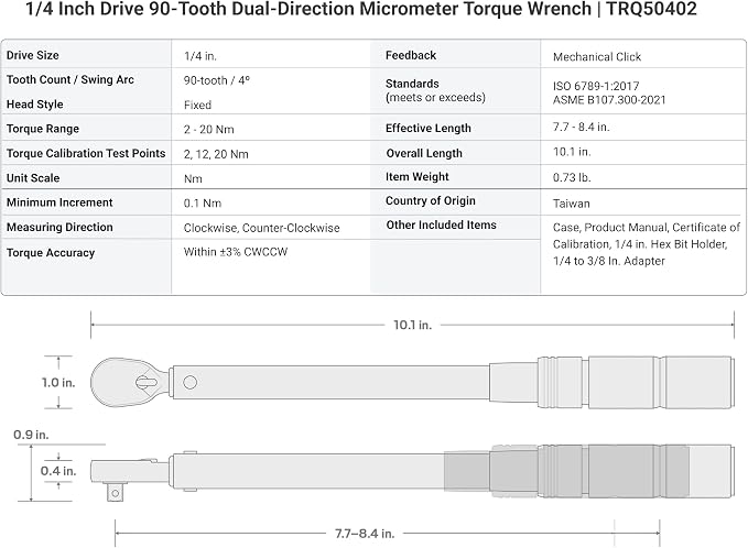 TEKTON 1/4 Inch Drive 90-Tooth Dual-Direction Micrometer Torque Wrench (2-20 Nm) | TRQ50502