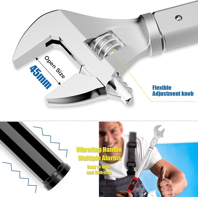 Adjustable Digital Torque Wrench, 2.2-147.5 Ft.lb, ±1% Accuracy | 3-200 Nm, 45mm Jaw & 1/2" Ratchet, 14×18mm Open End, Vibration, Buzzer and LED Indicator, for HVAC, Split AC, Auto, Plumbing