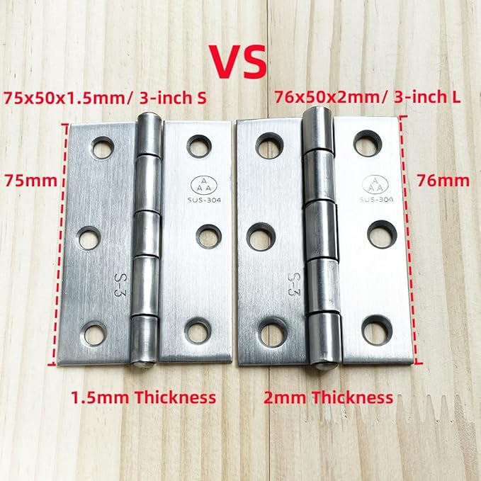 2pcs 304 Stainless Steel Thickened 3-inch Folding Butt Hinges Home Furniture Hardware Door Hinges for Door Case Lid Wooden Box Chest (76mm x 50mm x 2mm)