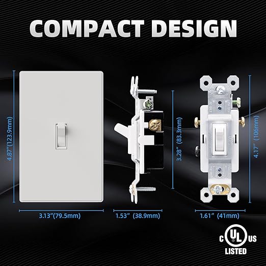 ELEGRP 3 Way Glossy Toggle Light Switch with Matte Mid Screwless Matte Plate, 15A 120V, Toggle Framed AC Quiet Switch, In Wall On/Off, Self-Grounding, Residential Grade, UL (5 Pack, White)