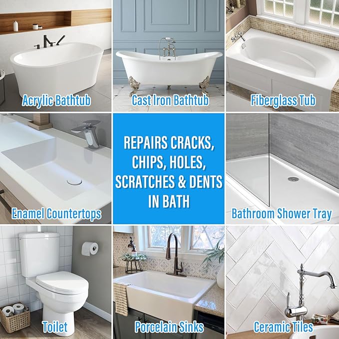 Tub Repair Kit White, Tub Chip and Bathtub Repair Kit for Enamel, Fiberglass, Acrylic, Porcelain, Patch and Repairs Chips, Crack, Scratches, Rust, Holes on Tubs, Toilet, Sink, Shower, Tray in Bathroom