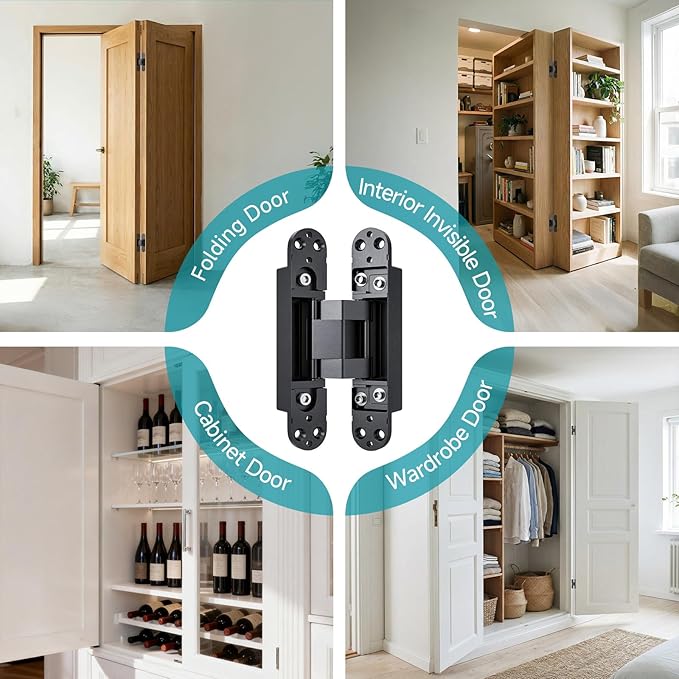 6" Hidden Door Hinges, Invisible Concealed Hinges, 180° Swing Adjustable Butt Hinge, Silent Operation, Ideal for Secret Rooms, Bookcase Doors & More (Black, 2 Pack)