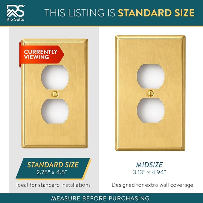 Rio Salto Duplex Outlet Cover Receptacle Wall Plate Electrical Outlet Covers BRASS Brushed Gold Metal Decorative Wall Plate — Deco Collection 4.50" X 2.75"