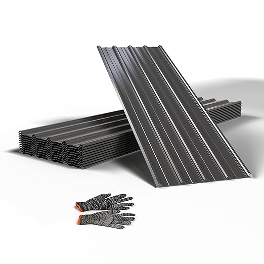 10pcs Metal Roofing Panels, 60.63'' L ×17.72'' W 72.98 ft² Corrugated Metal Sheets, Galvanized Steel Roof Fence Panels for Mobile Homes, Garages, Chicken Coop, Sheds, Stables, Patio, Black