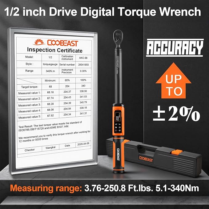 Digital Torque Wrench 1/2 Drive,Preset Value(3.76-250.8Ft.lbs./5.1-340Nm) | Buzzer and LED Alert,±2% High Accuracy,72-Tooth, Quick Release,Reversible,Large Screen,for Bike Motorcycle,Gift for Men,DIY