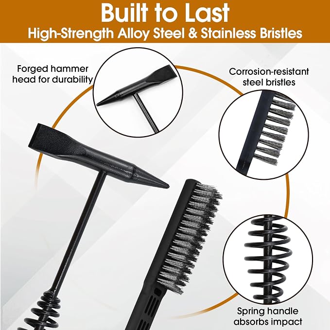 Chipping Hammer and Wire Brush Set – 10.6 in Heavy Duty Welding Hammer with Spring Handle and Steel Bristle Brush, Welding Tools and Accessories for Weld Slag Removal