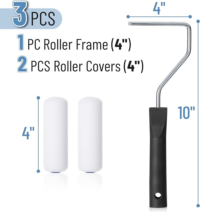 Bates- Paint Roller 4 Inch Paint Roller Frame with 2 Foam Covers